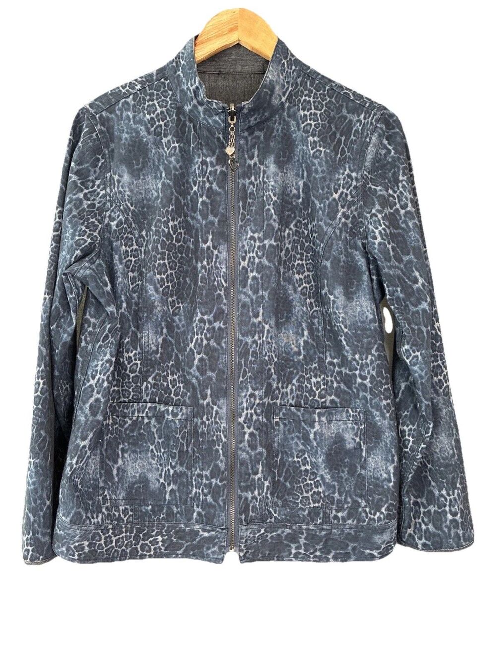 Susan Graver Denim Reversible Blazer Jacket Size M/L Blue Gray Leopard Full Zip